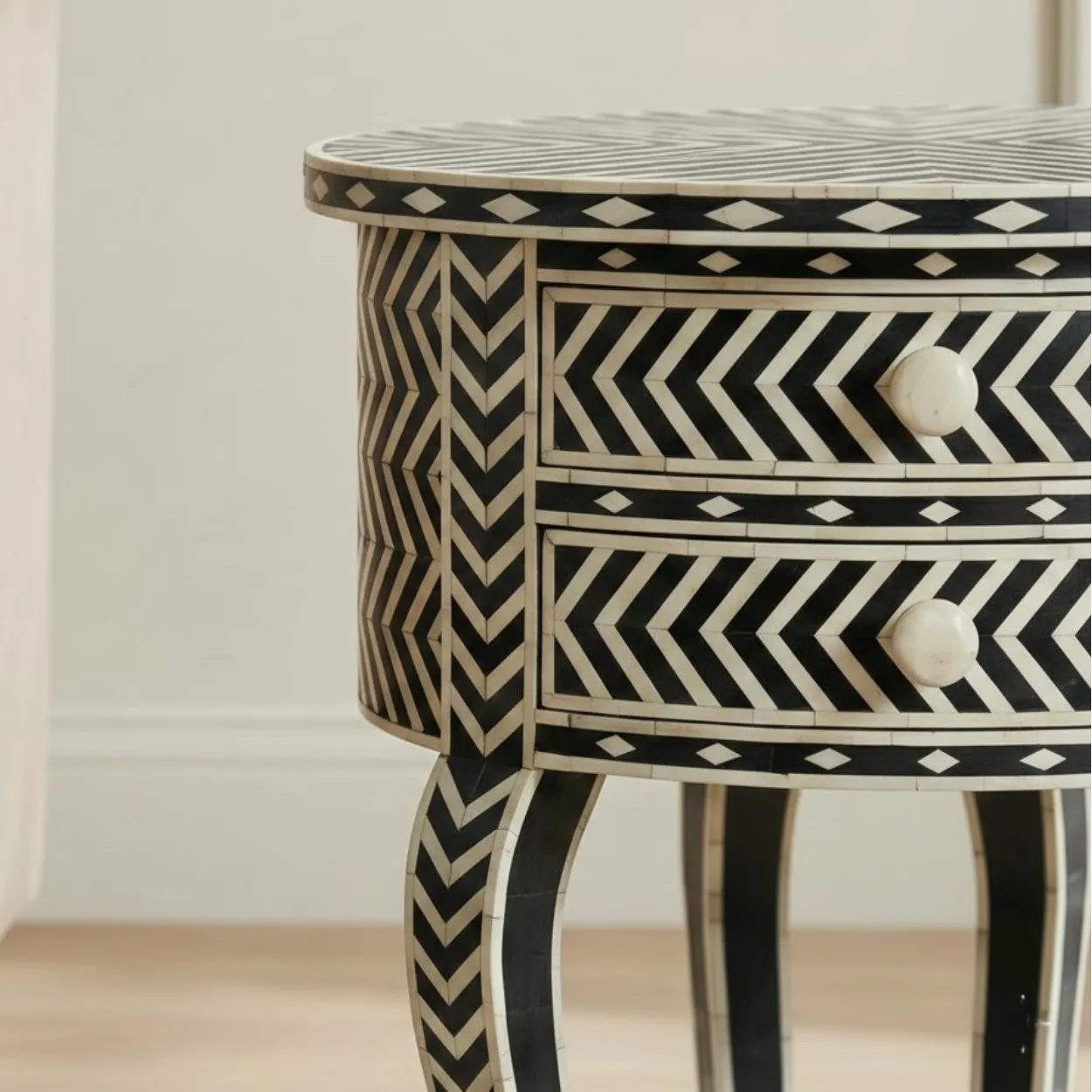 Bone Inlay Black Round bedside table with 2 Drawer - Image 6