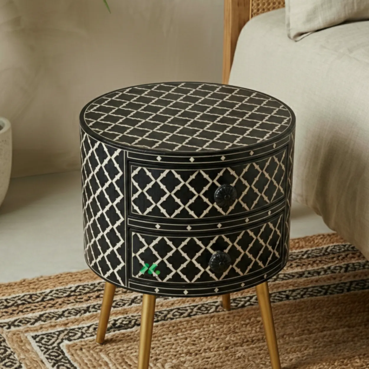 Bone Inlay Black Round bedside table with 2 Drawers - Image 4