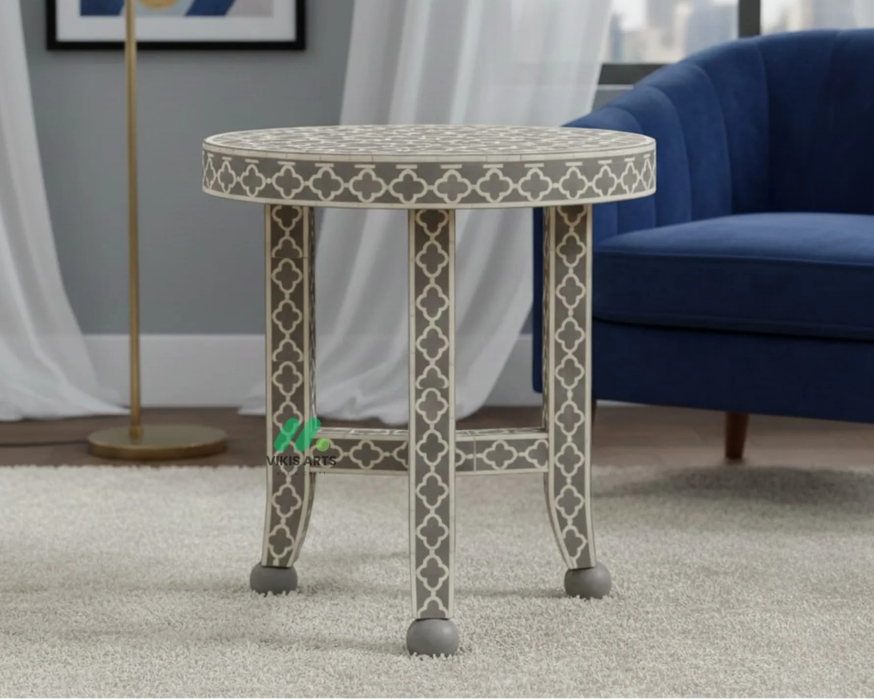 Bone Inlay Grey Round bedside table