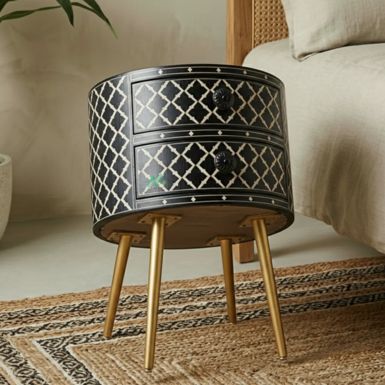 Bone Inlay Black Round bedside table with 2 Drawers - Image 5