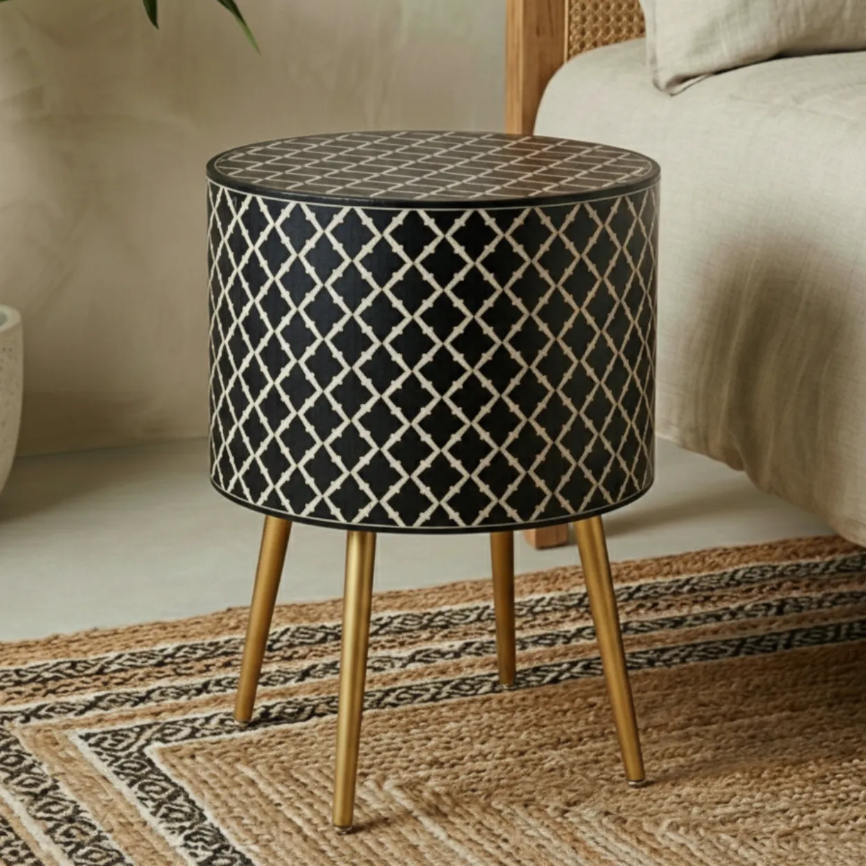 Bone Inlay Black Round bedside table with 2 Drawers - Image 3