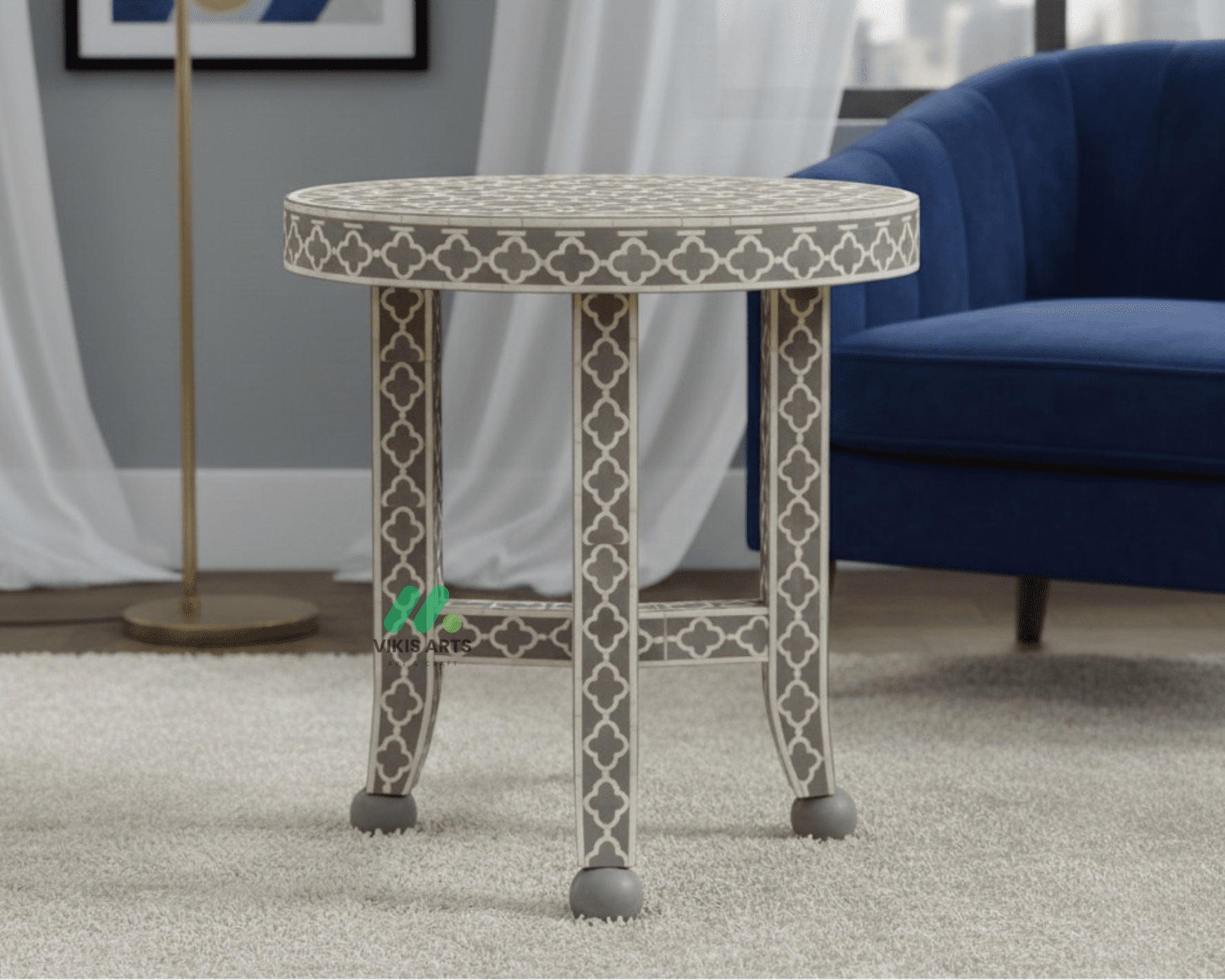 Bone inlay Grey Round bedside table