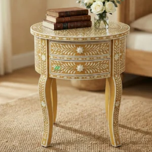 Bone Inlay Yellow Round bedside table with 2 Drawer