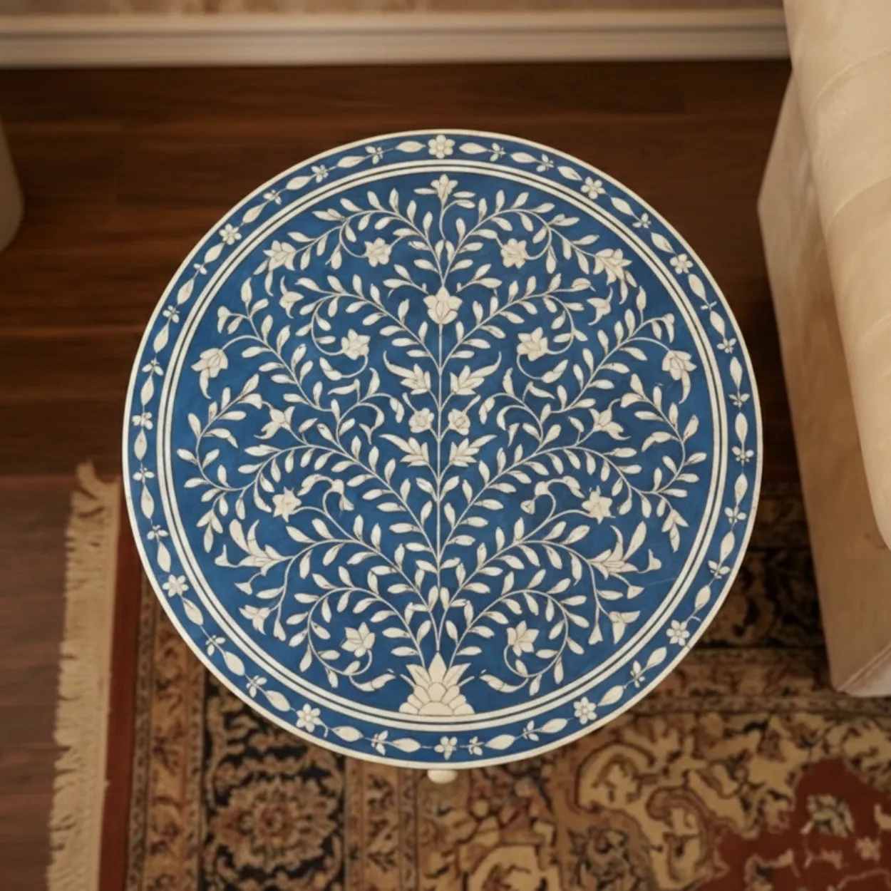 Bone inlay Round Blue bedside table with 2 Drawers - Image 4