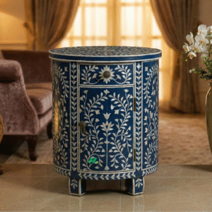 Mother of Pearl Navy Blue Round bedside table with 2 Drawers