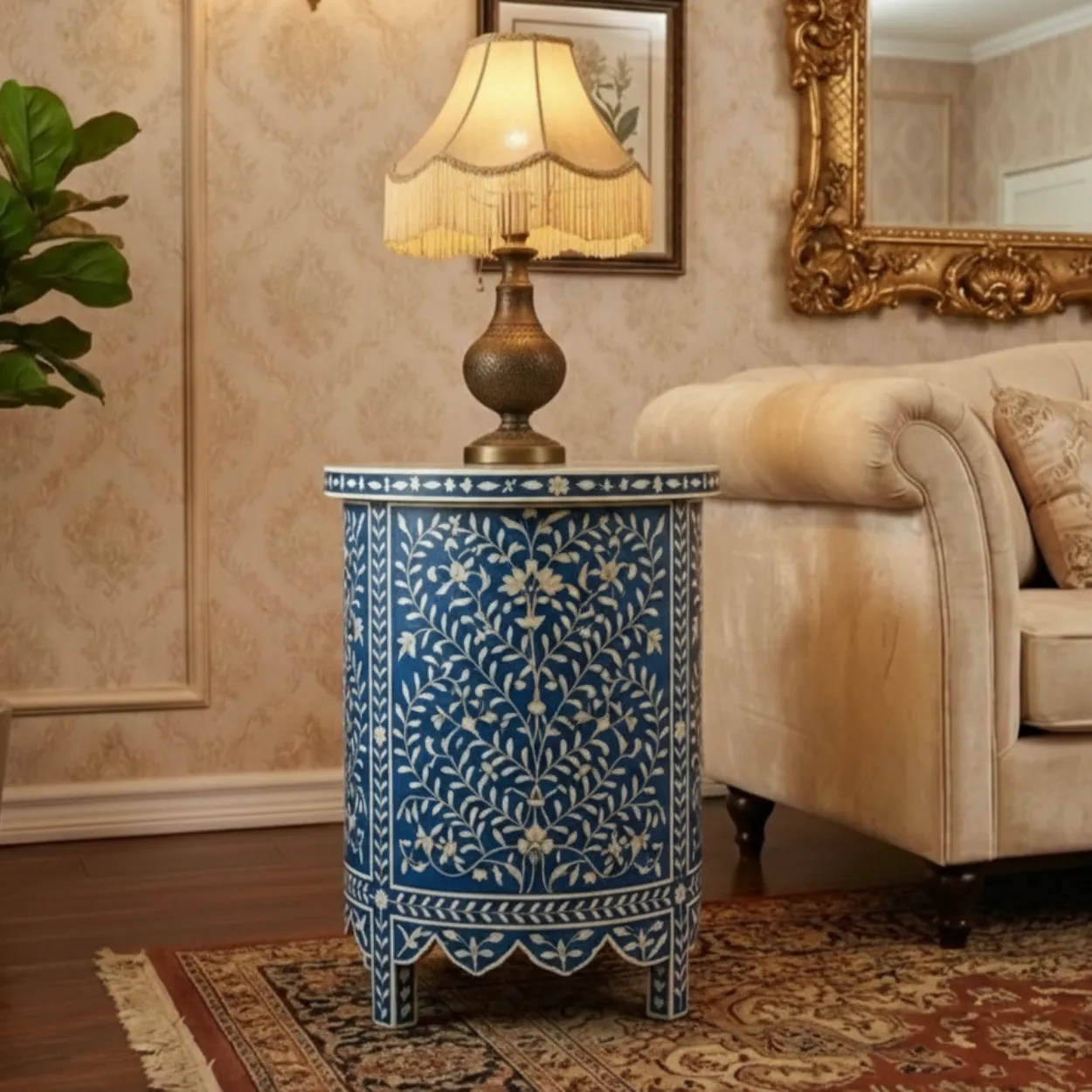 Bone inlay Round Blue bedside table with 2 Drawers - Image 3
