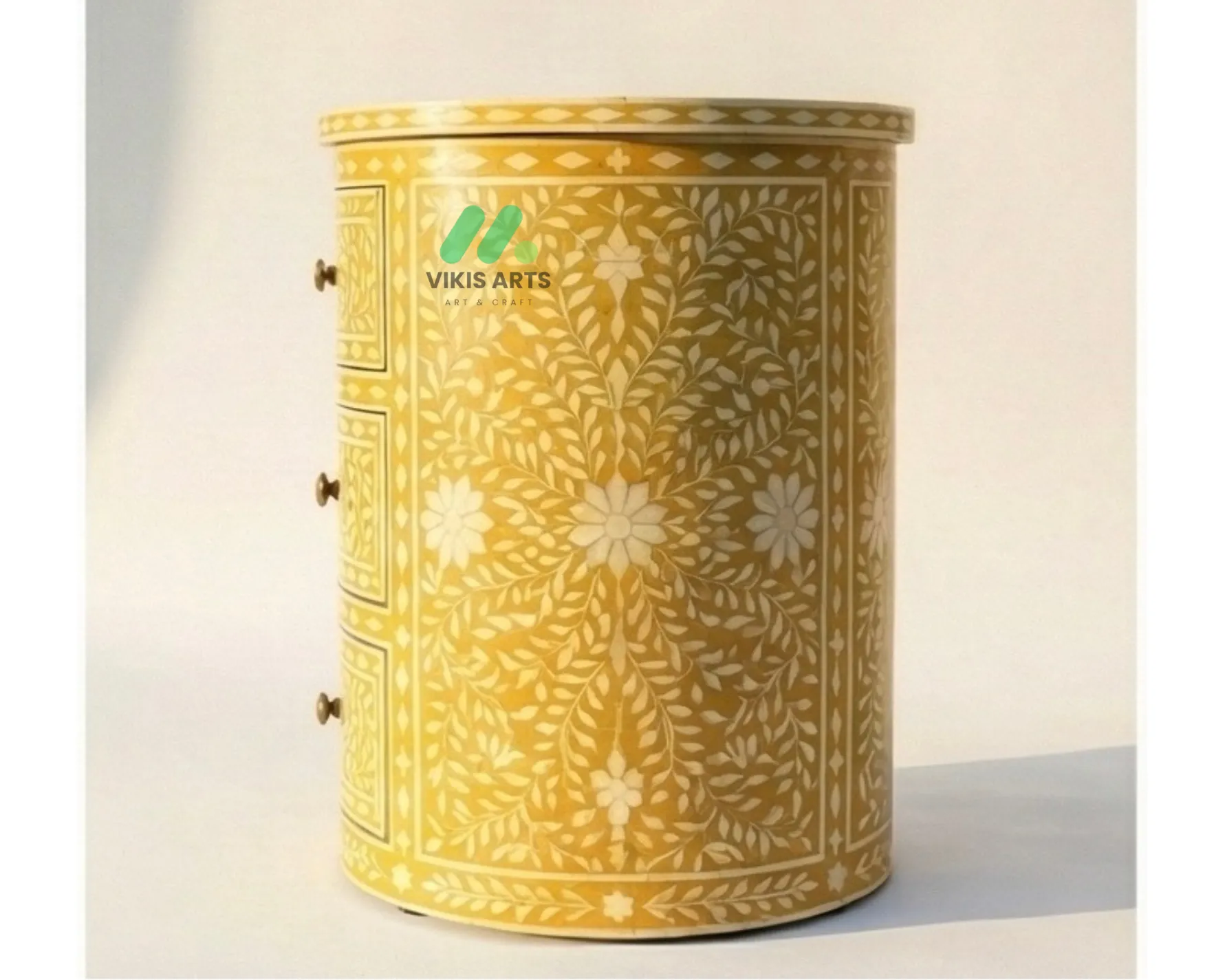 Bone inlay Yellow Round bedside table with 3 Drawers - Image 2