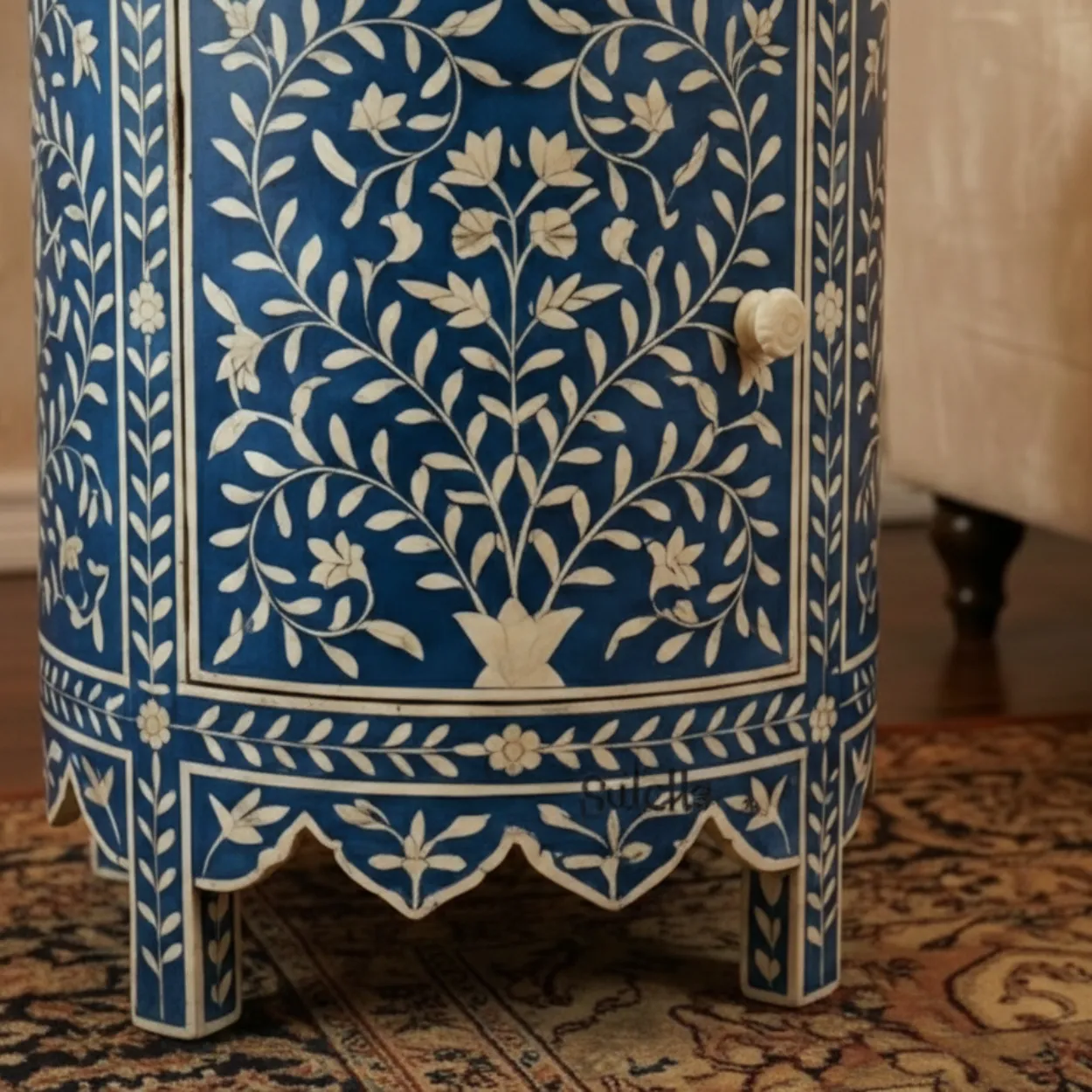 Bone inlay Round Blue bedside table with 2 Drawers - Image 5