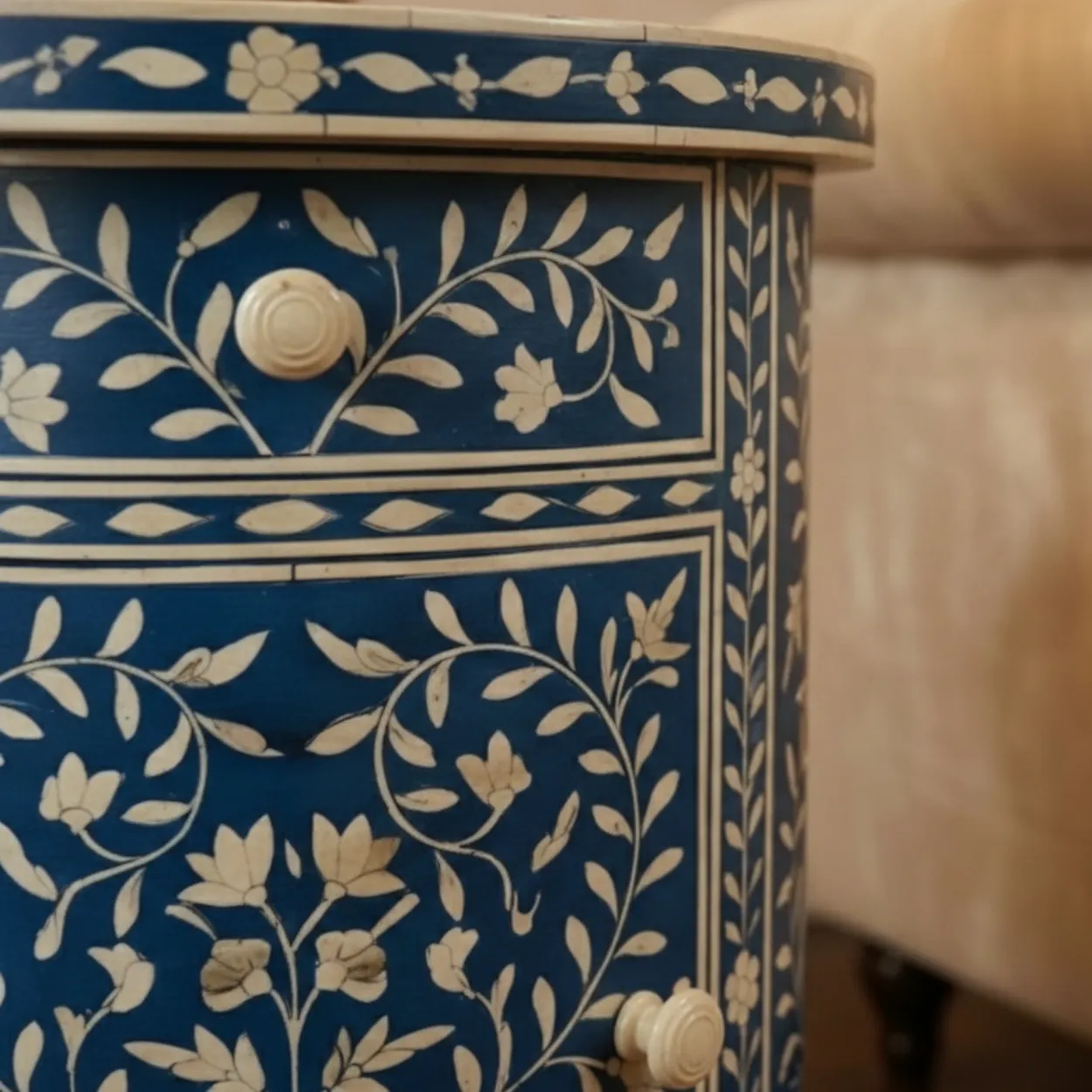 Bone inlay Round Blue bedside table with 2 Drawers - Image 6