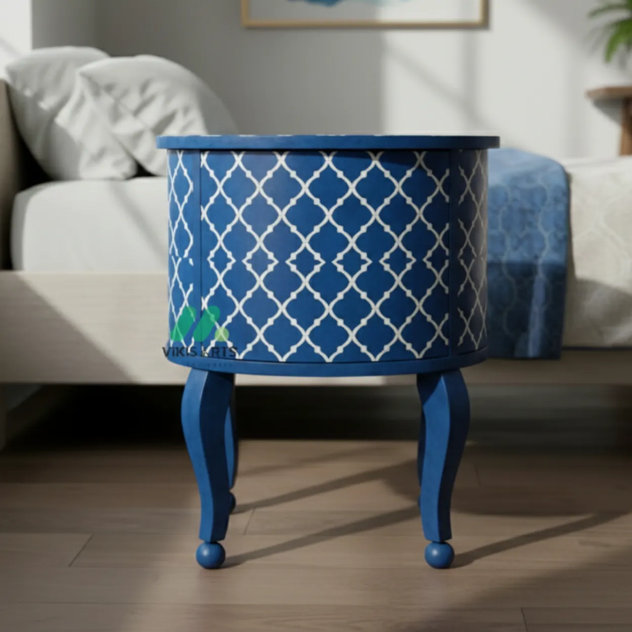 Bone Inlay Blue Round bedside table with 2 Drawer - Image 4