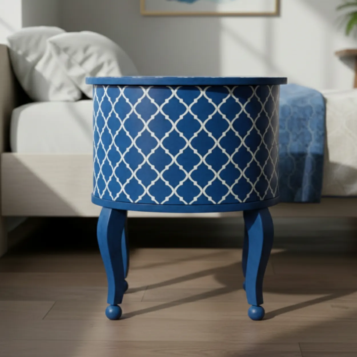 Bone Inlay Blue Round bedside table with 2 Drawer - Image 3