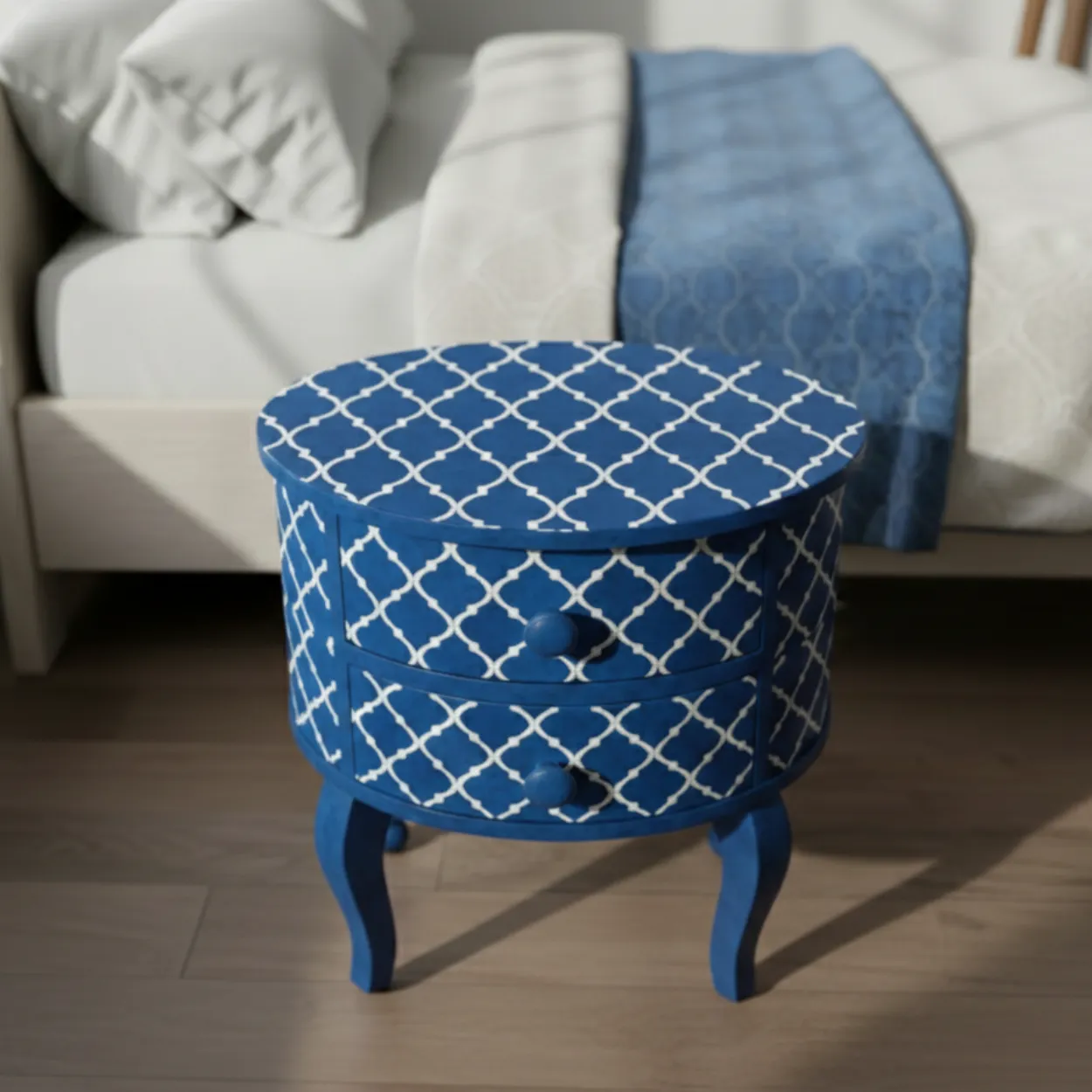 Bone Inlay Blue Round bedside table with 2 Drawer - Image 5