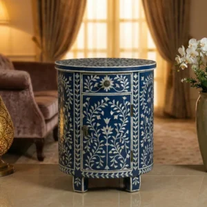 Mother of Pearl Navy Blue Round bedside table with 2 Drawer