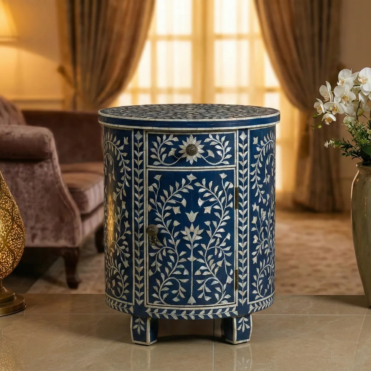 Mother of Pearl Navy Blue Round bedside table with 2 Drawer
