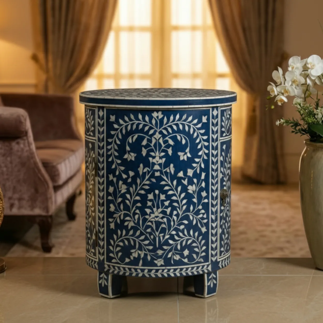 Mother of Pearl Navy Blue Round bedside table with 2 Drawer - Image 4