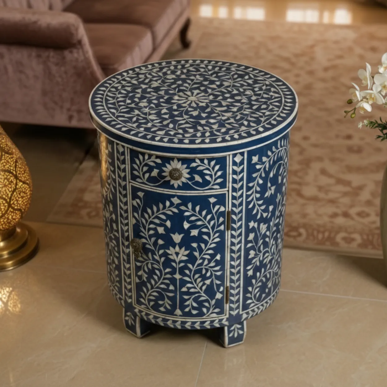 Mother of Pearl Navy Blue Round bedside table with 2 Drawer - Image 2