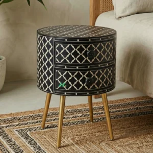 Bone Inlay Black Round bedside table with 2 Drawers