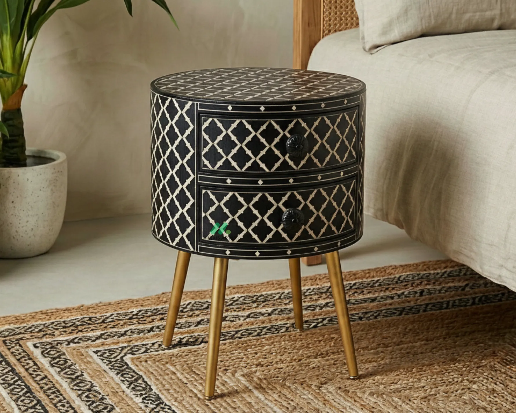 Bone Inlay Black Round bedside table with 2 Drawers