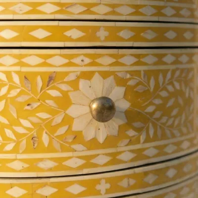 Bone Inlay Yellow Round bedside table with 3 Drawer - Image 7