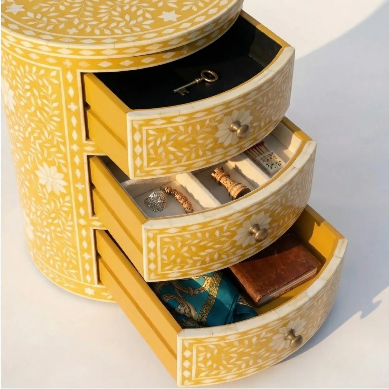 Bone Inlay Yellow Round bedside table with 3 Drawer - Image 6