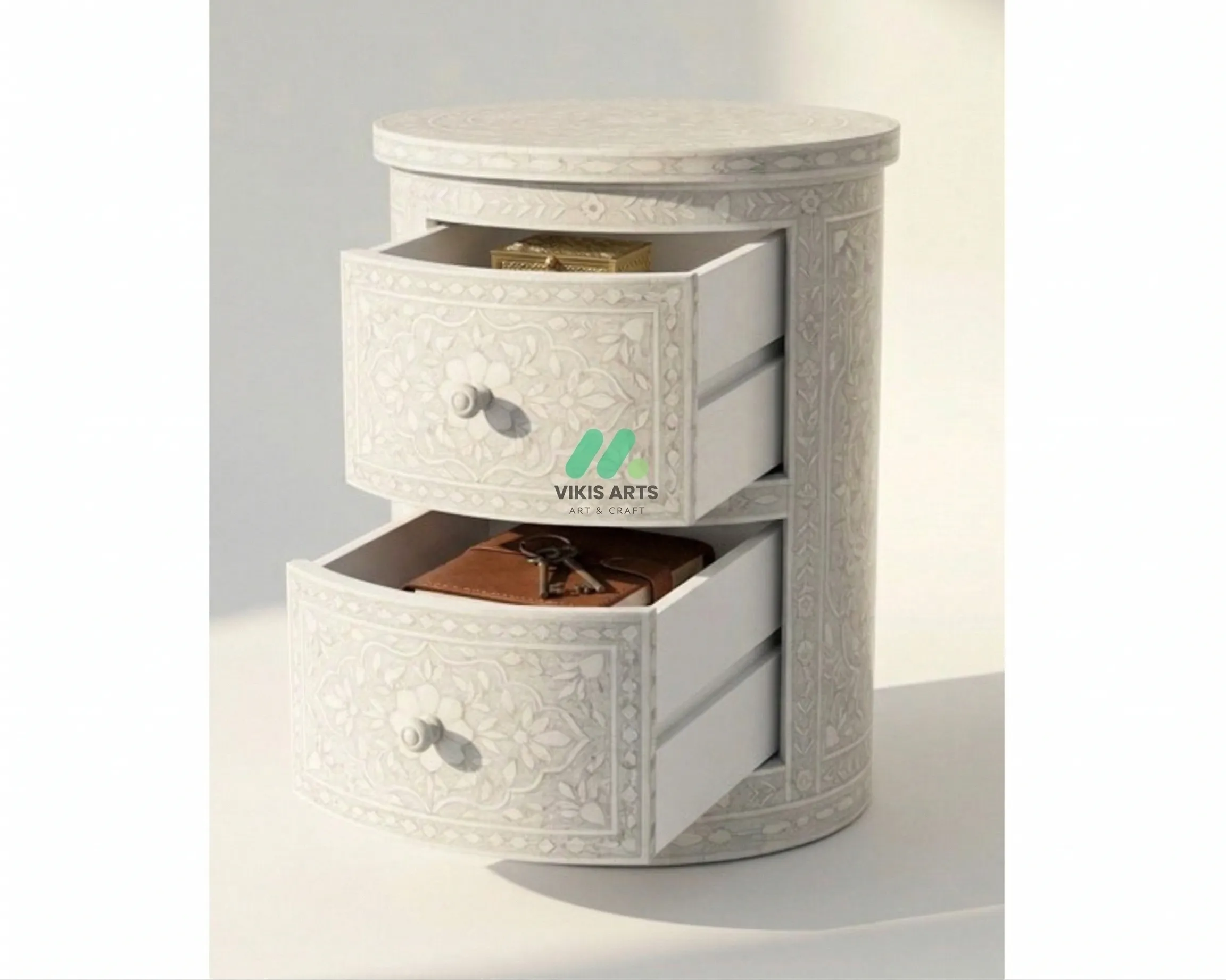Bone Inlay White Round bedside table with 2 Drawer - Image 4