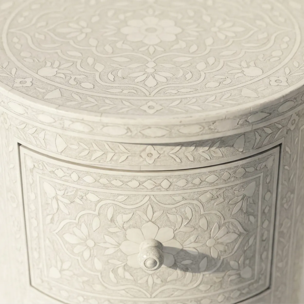 Bone Inlay White Round bedside table with 2 Drawer - Image 3