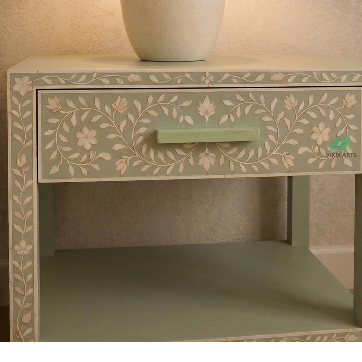 Bone inlay Light green bedside table with 1 Drawer - Image 4