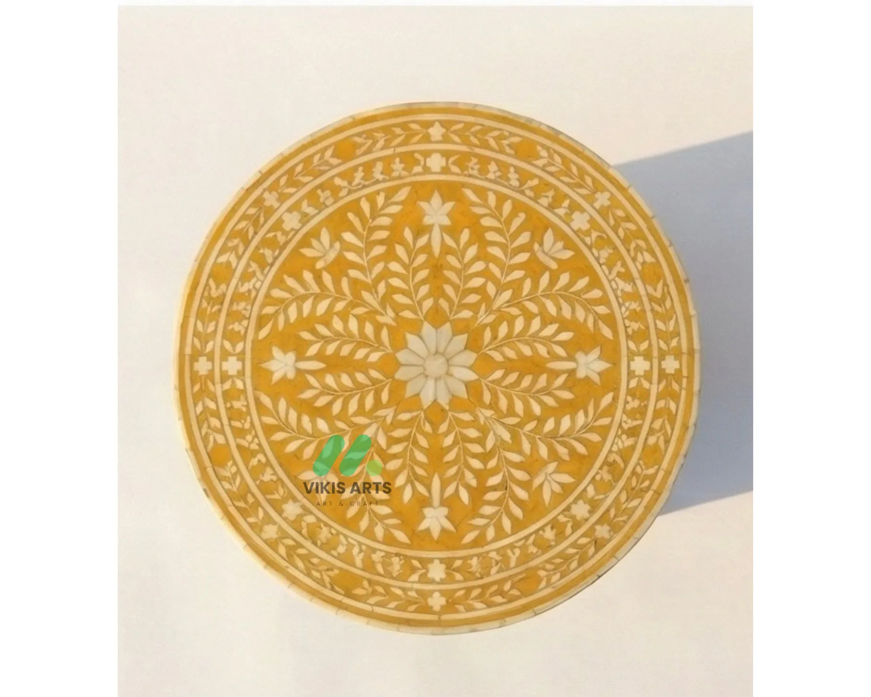 Bone inlay Yellow Round bedside table with 3 Drawers - Image 3