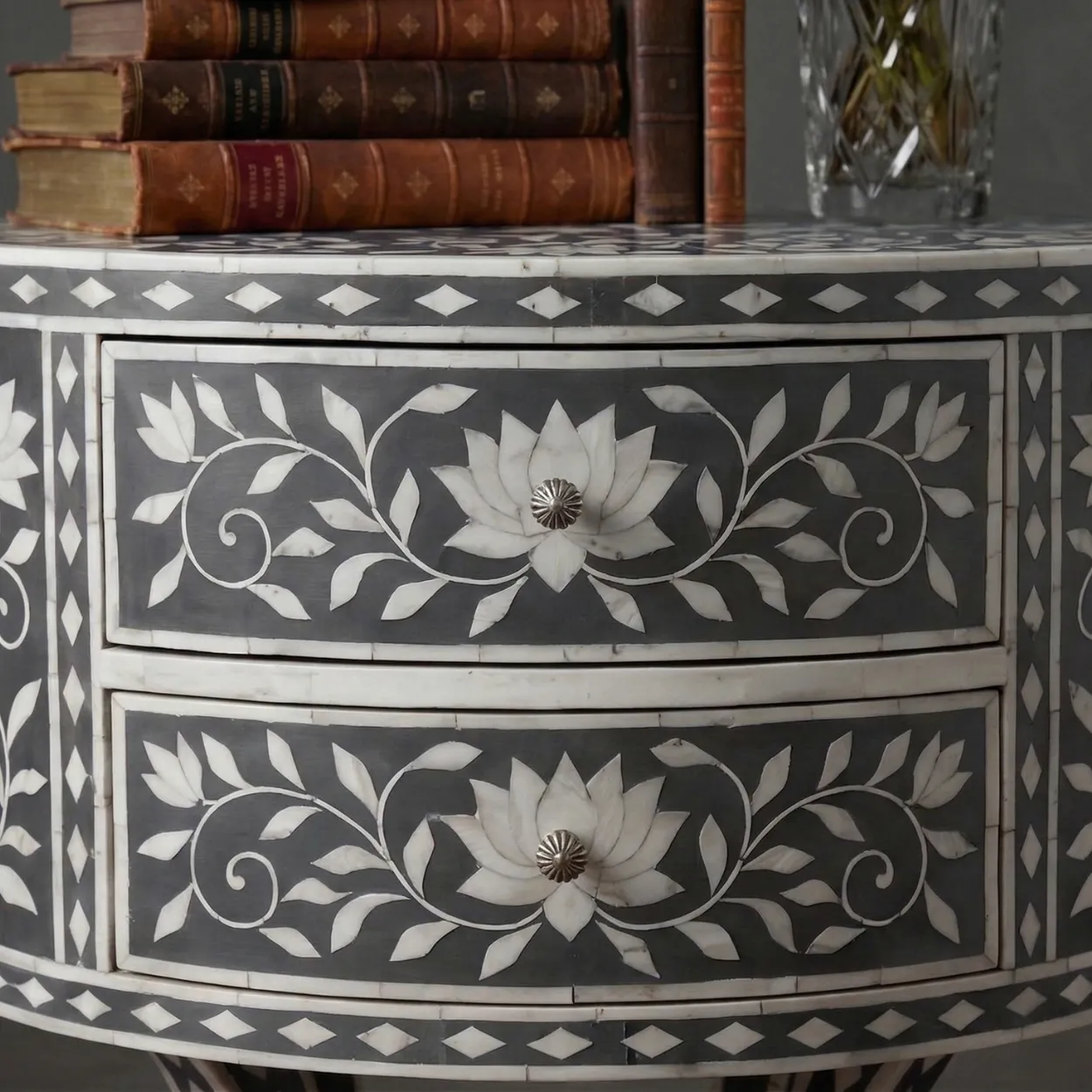 Bone Inlay Grey Round bedside table - Image 4