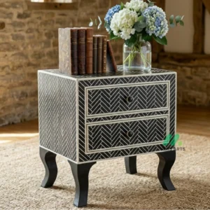 Bone Inlay Black Bedside Table with 2 Drawers