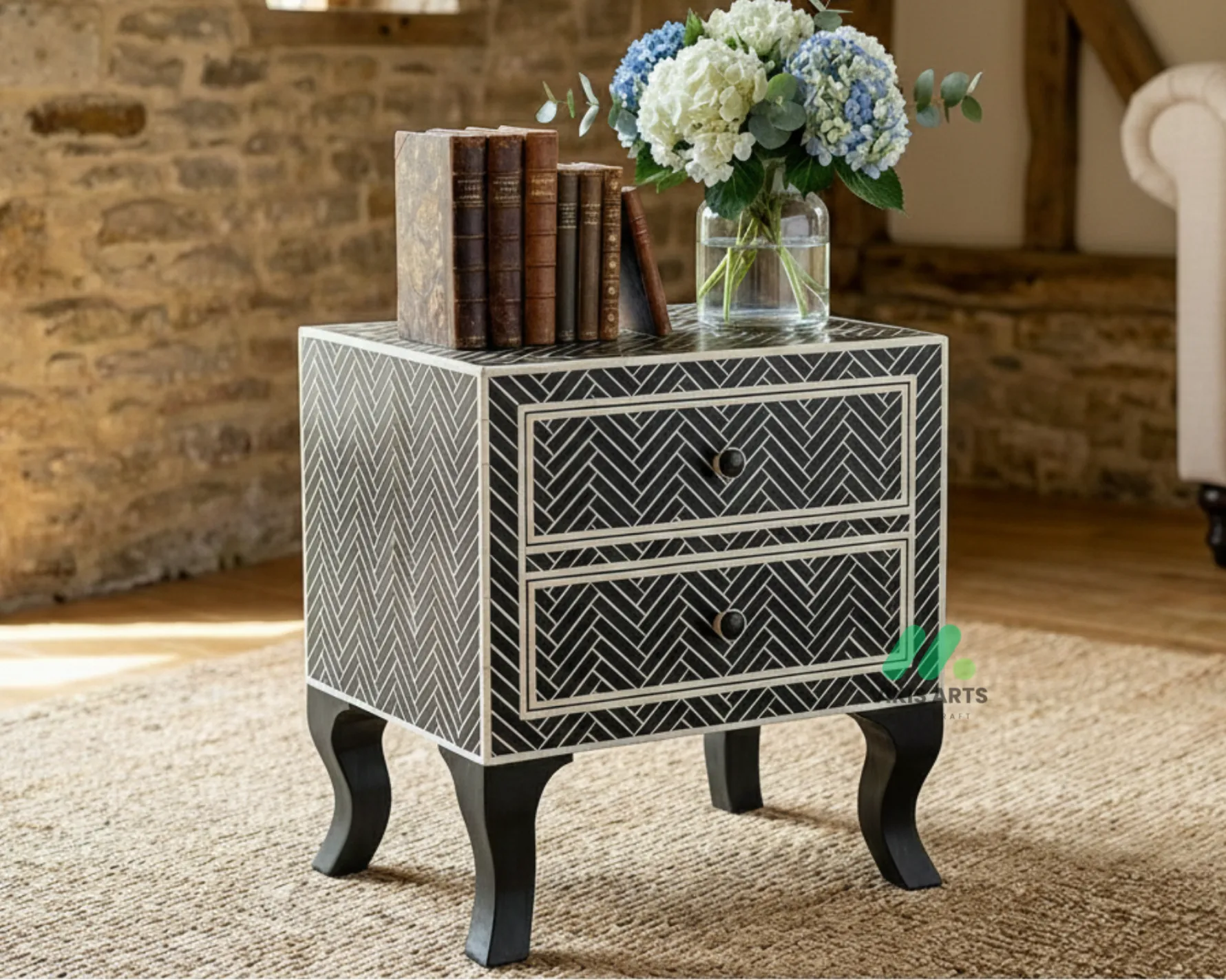 Bone Inlay Black Bedside Table with 2 Drawers