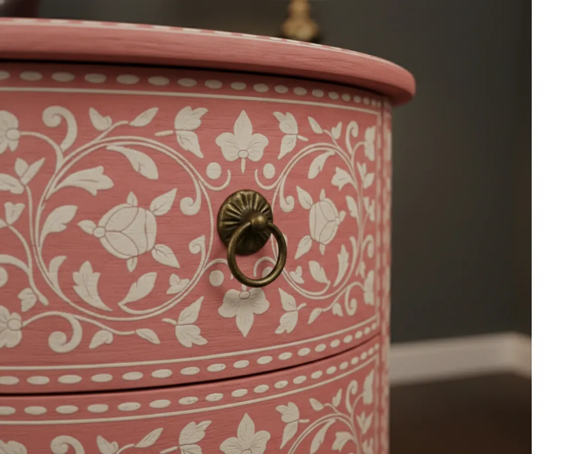 Bone Inlay Pink Bedside Table with 3 Drawers - Image 4