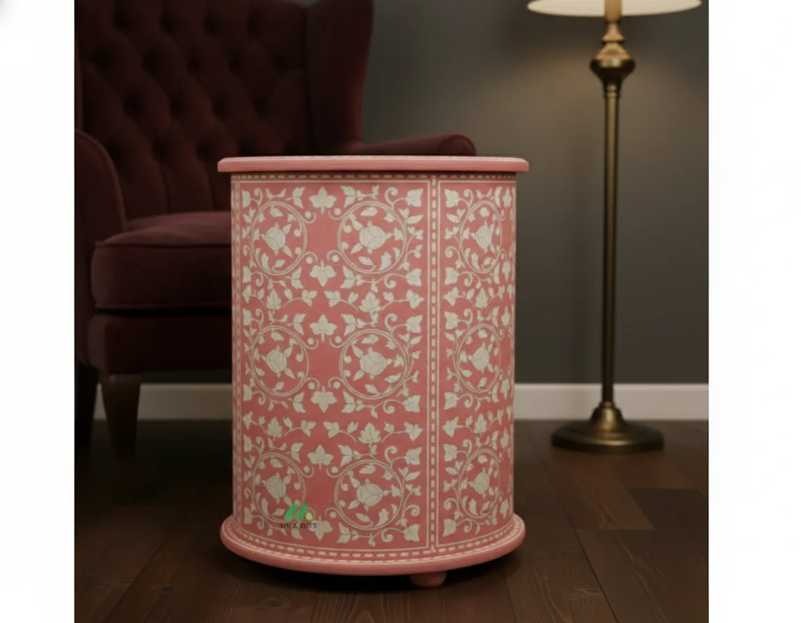Bone Inlay Pink Bedside Table with 3 Drawers - Image 2