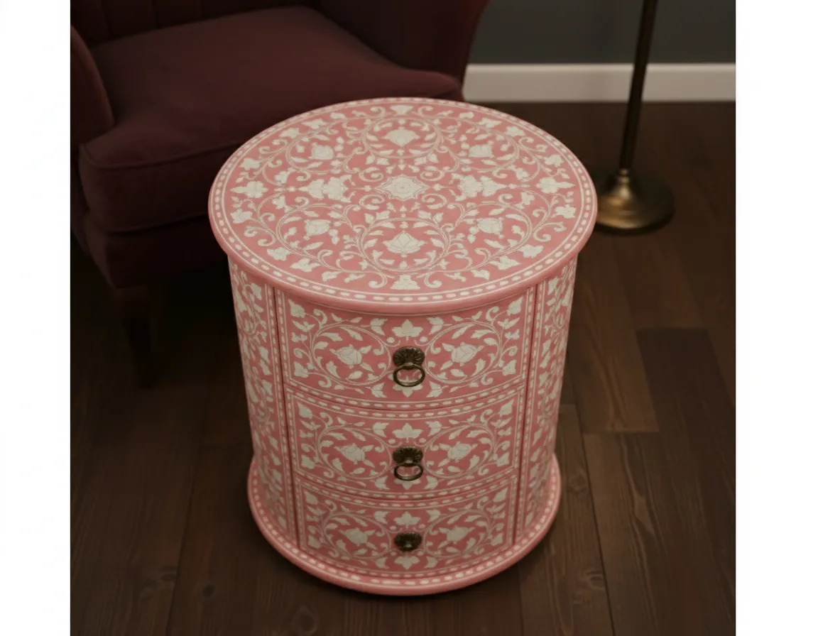 Bone Inlay Pink Bedside Table with 3 Drawers - Image 3
