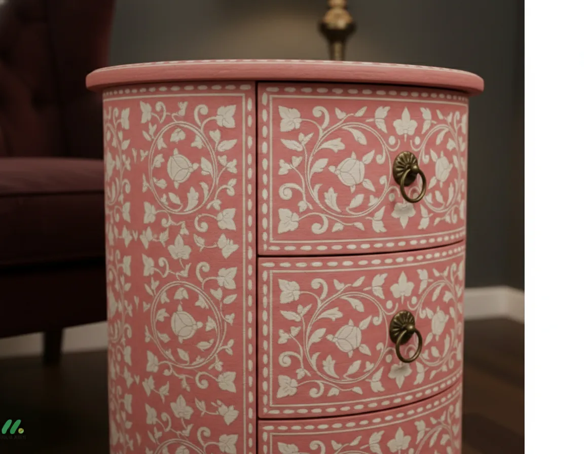 Bone Inlay Pink Bedside Table with 3 Drawers - Image 5