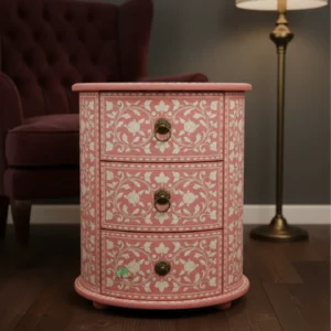 Bone Inlay Pink Bedside Table with 3 Drawers