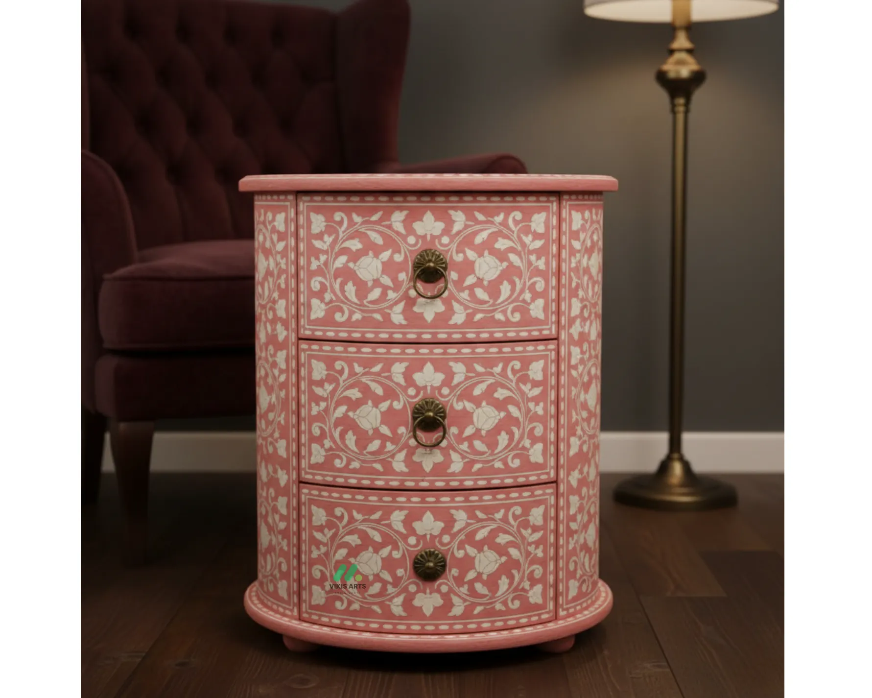 Bone Inlay Pink Bedside Table with 3 Drawers