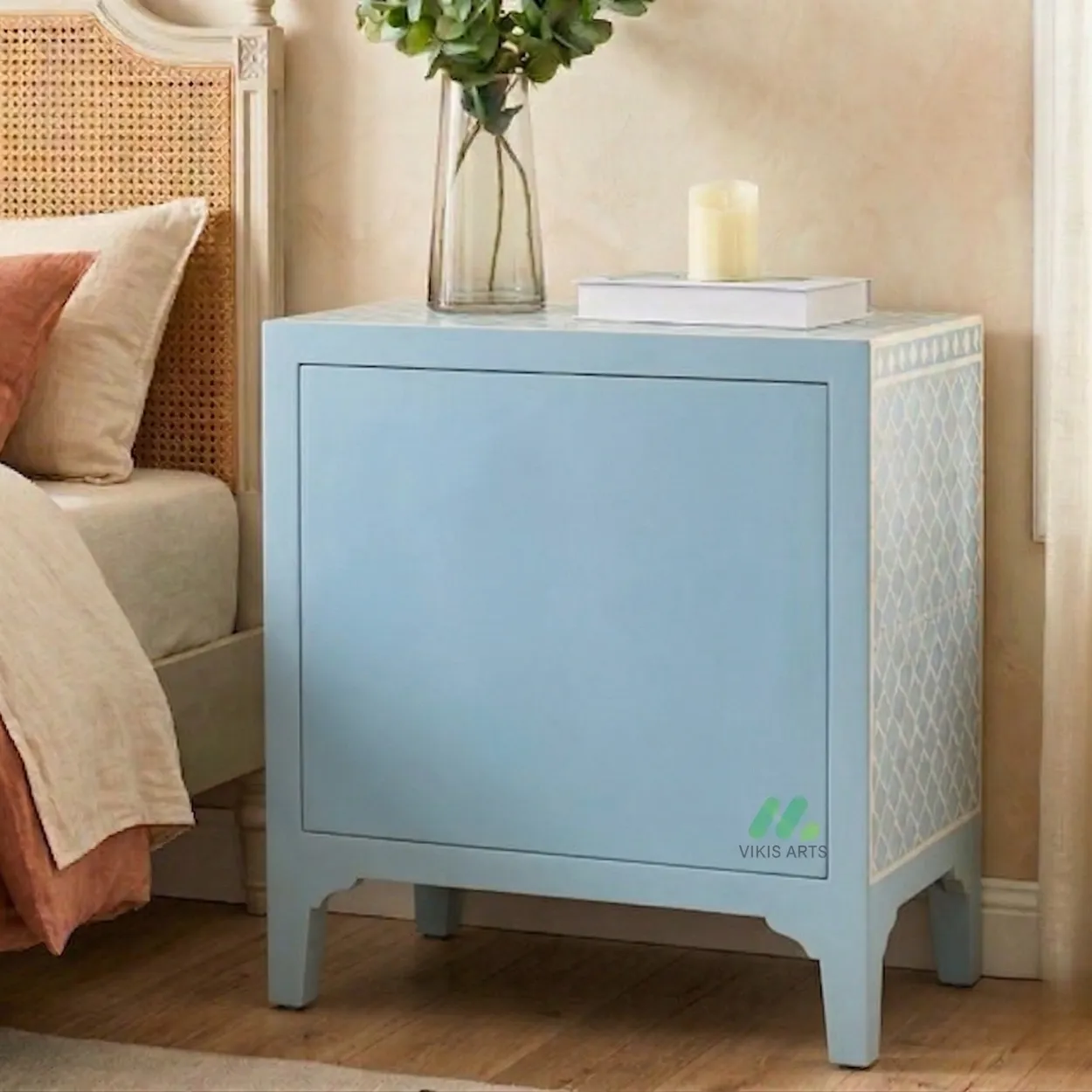 Bone Inlay Light blue bedside table with 2 Drawer and Shelf - Image 2