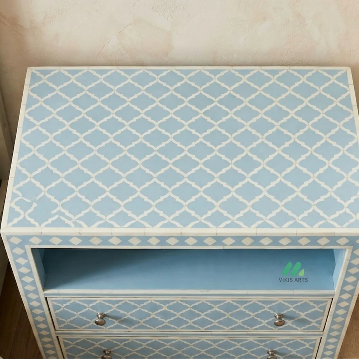 Bone Inlay Light blue bedside table with 2 Drawer and Shelf - Image 3