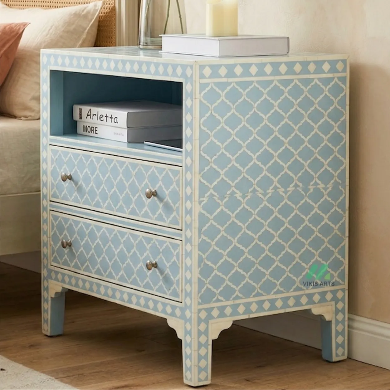 Bone Inlay Light blue bedside table with 2 Drawer and Shelf - Image 4