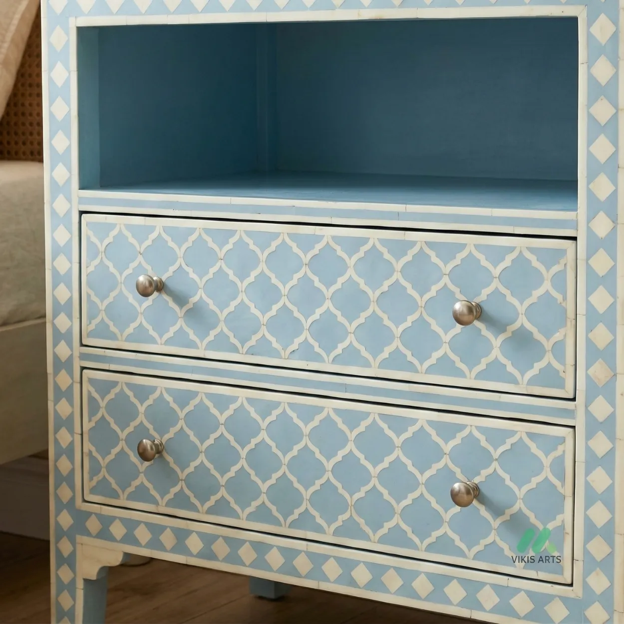 Bone Inlay Light blue bedside table with 2 Drawer and Shelf - Image 5
