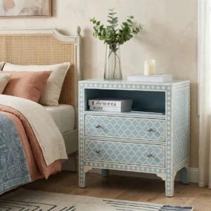 Bone Inlay Light blue bedside table with 2 Drawer and Shelf