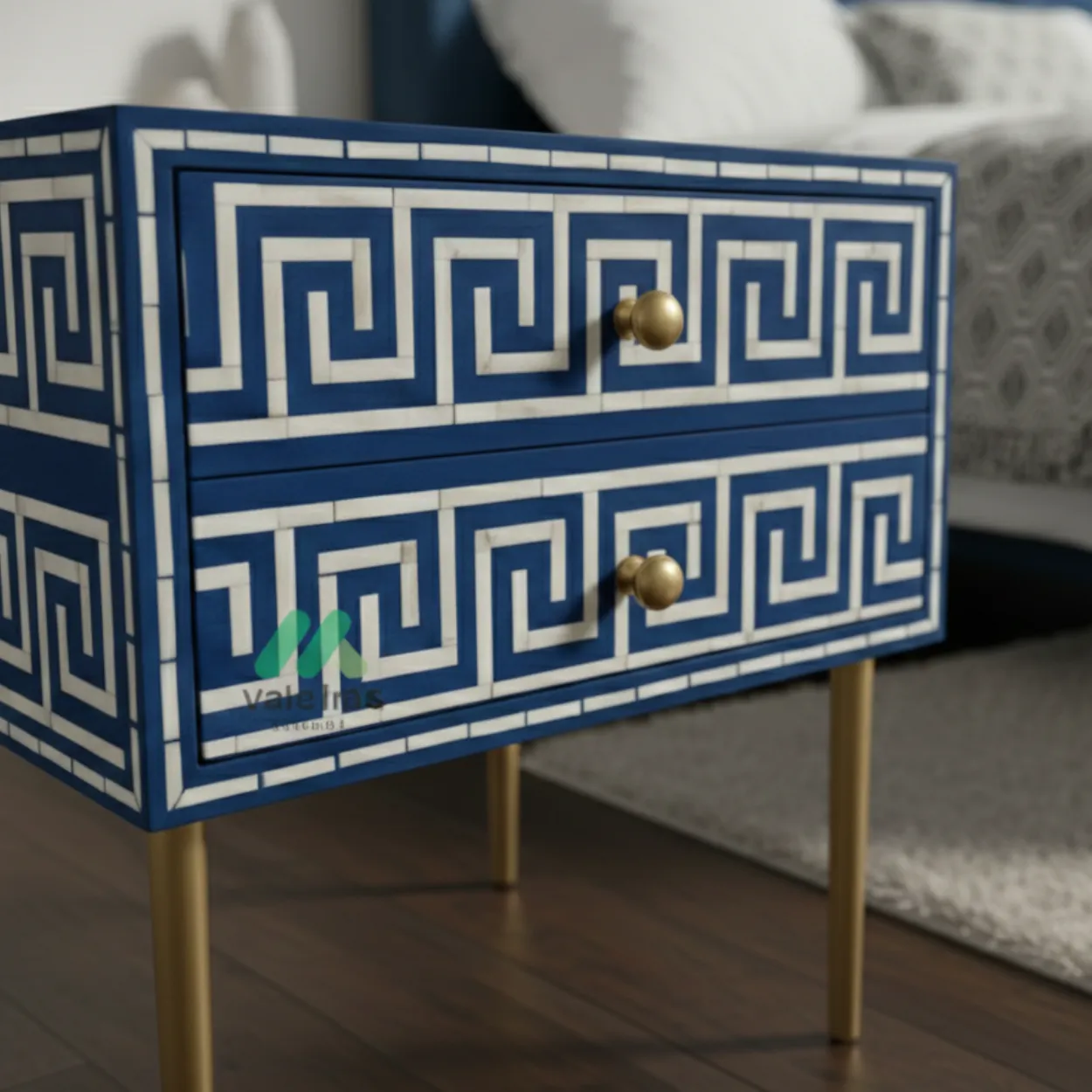 Bone Inlay Blue Bedside Table with 2 Drawer - Image 5