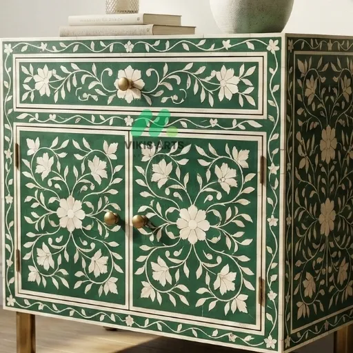 Bone inlay Green bedside table - Image 4