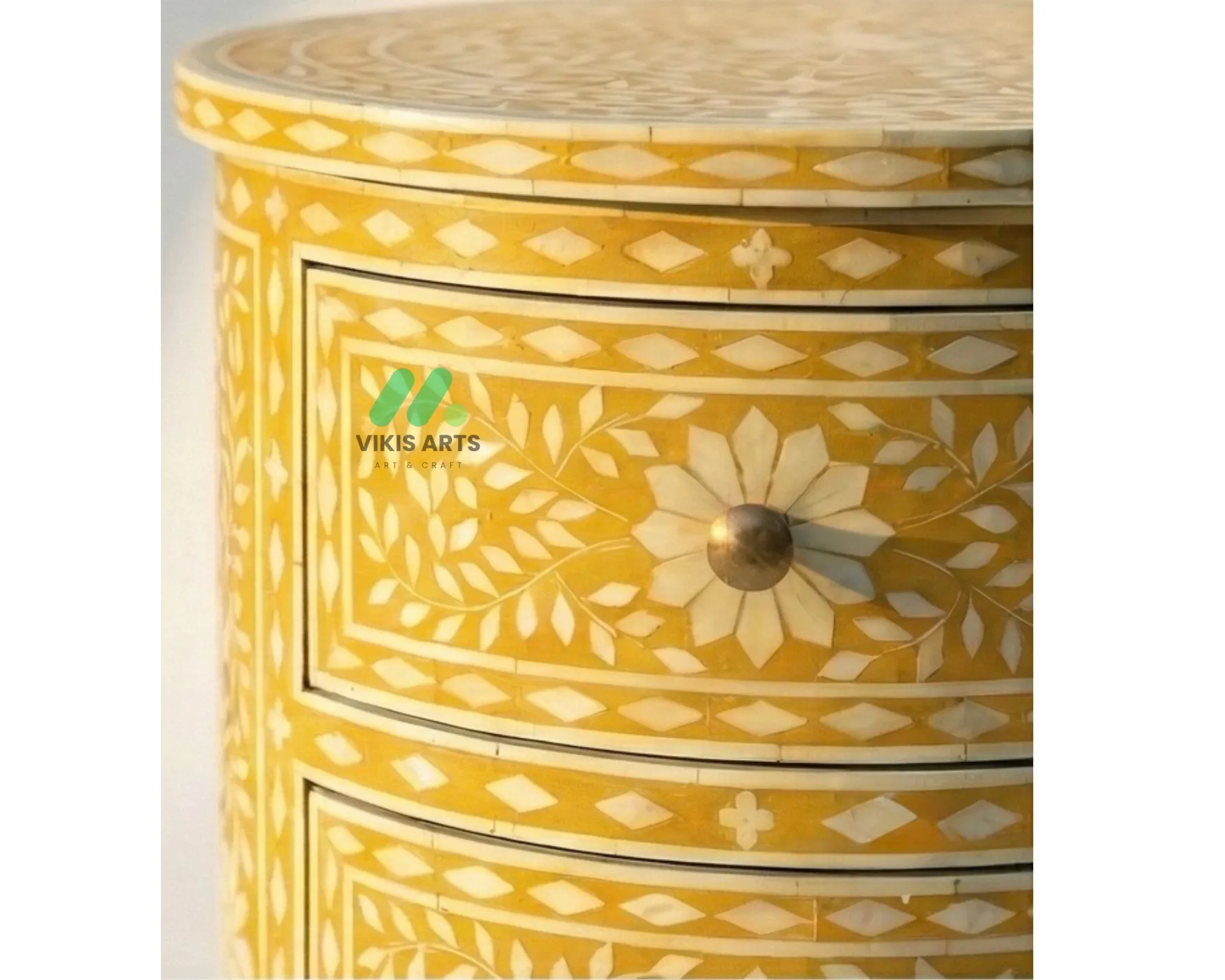 Bone inlay Yellow Round bedside table with 3 Drawers - Image 4