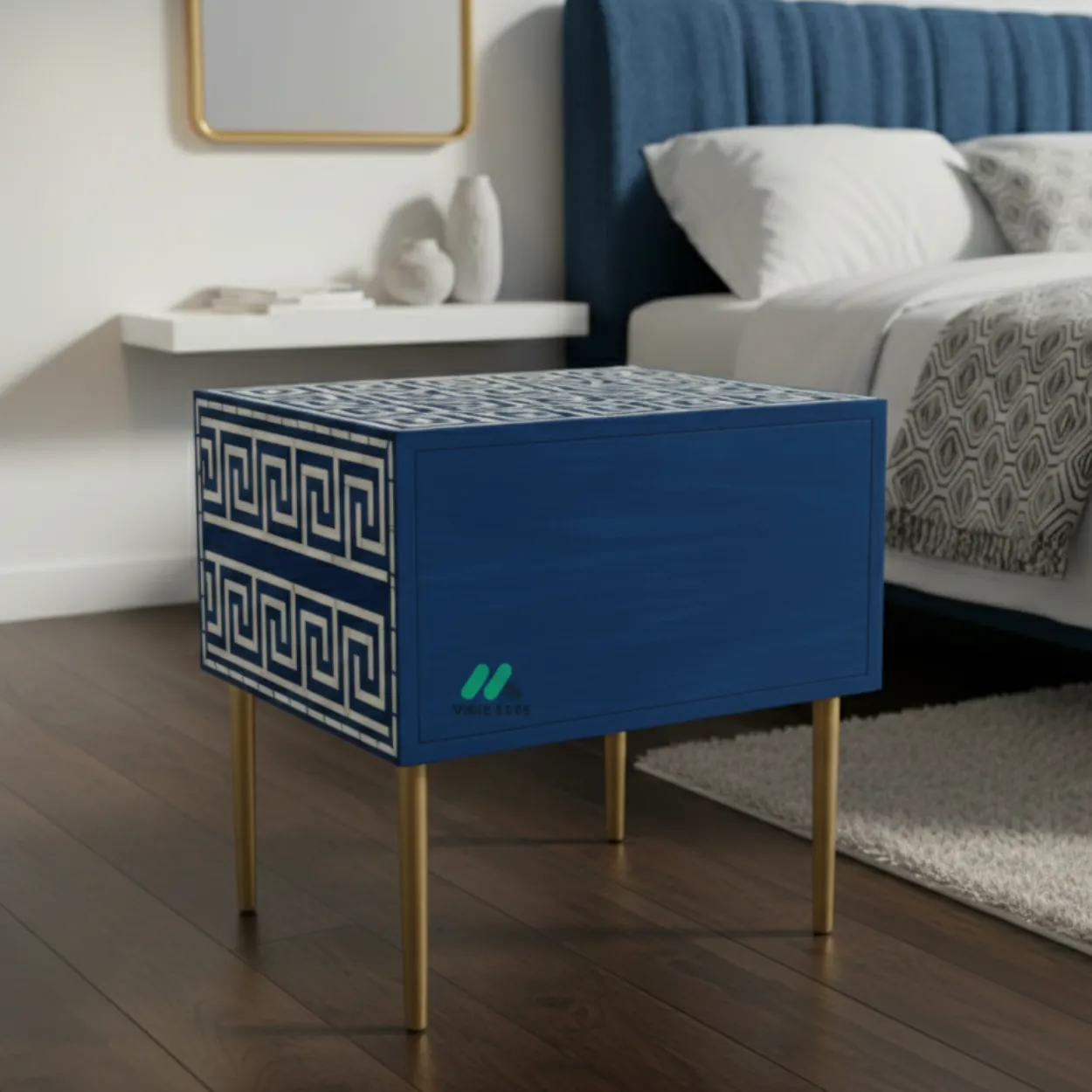 Bone Inlay Blue Bedside Table with 2 Drawer - Image 2