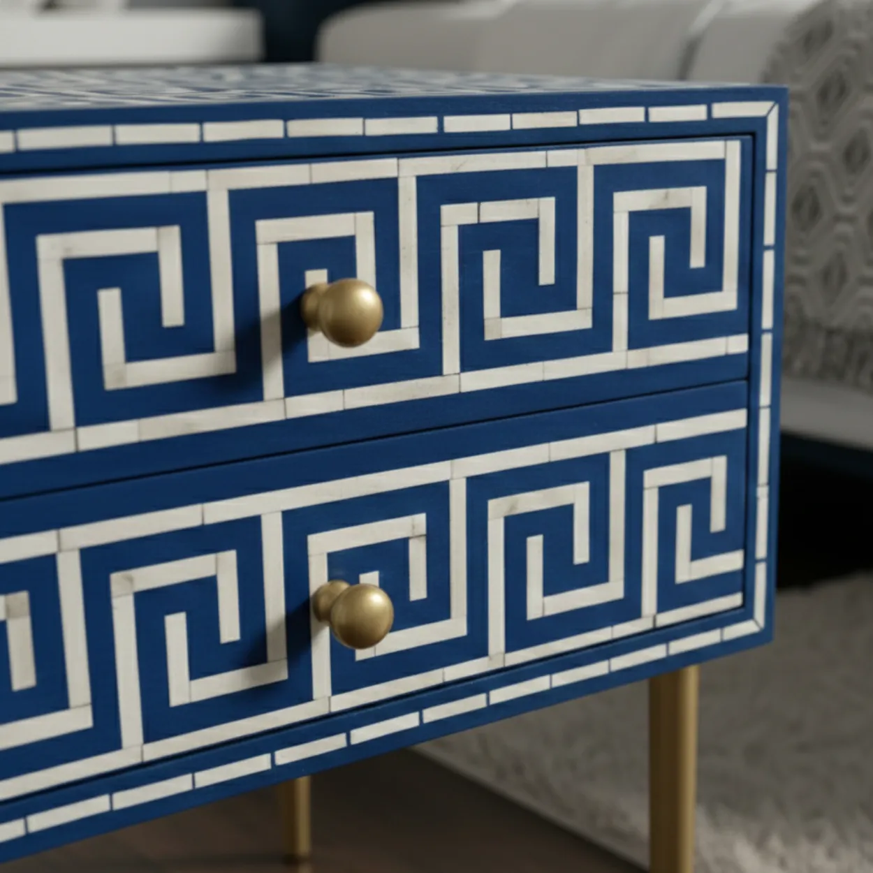 Bone Inlay Blue Bedside Table with 2 Drawer - Image 4