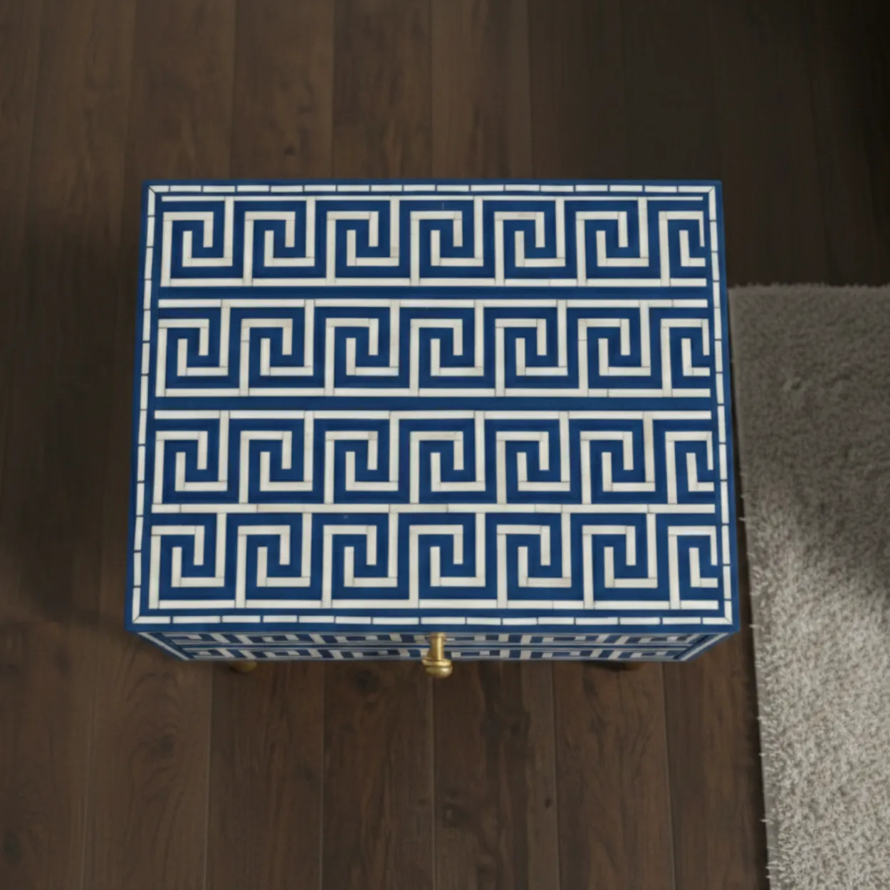 Bone Inlay Blue Bedside Table with 2 Drawer - Image 3