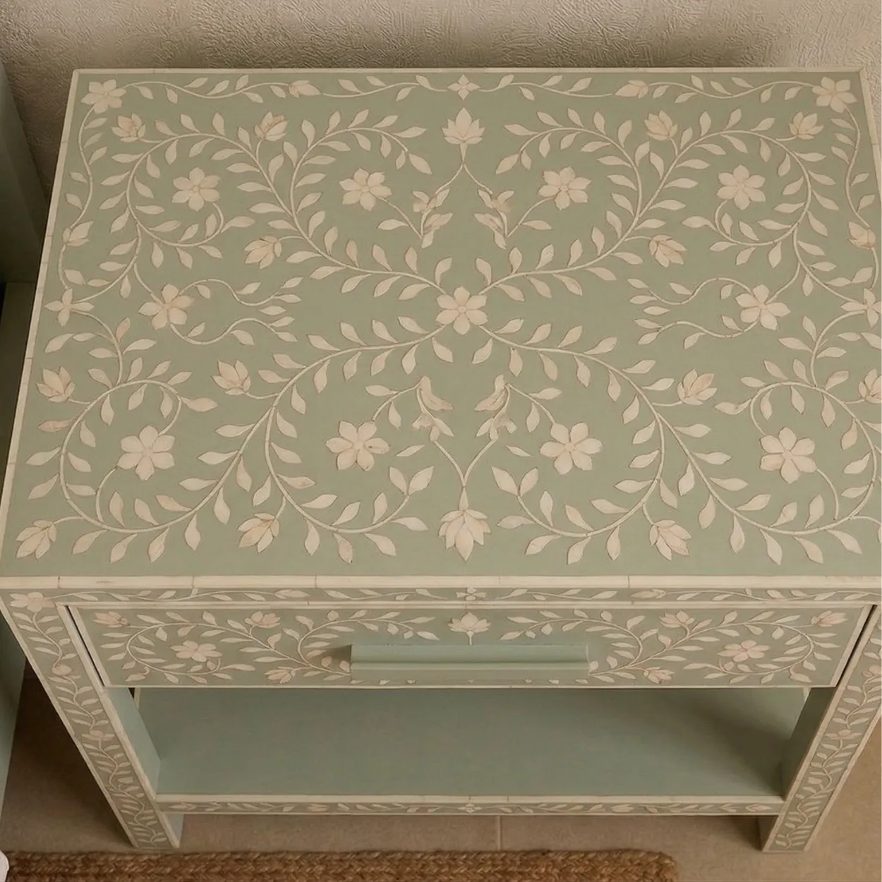 Bone inlay Light green bedside table with 1 Drawer - Image 3
