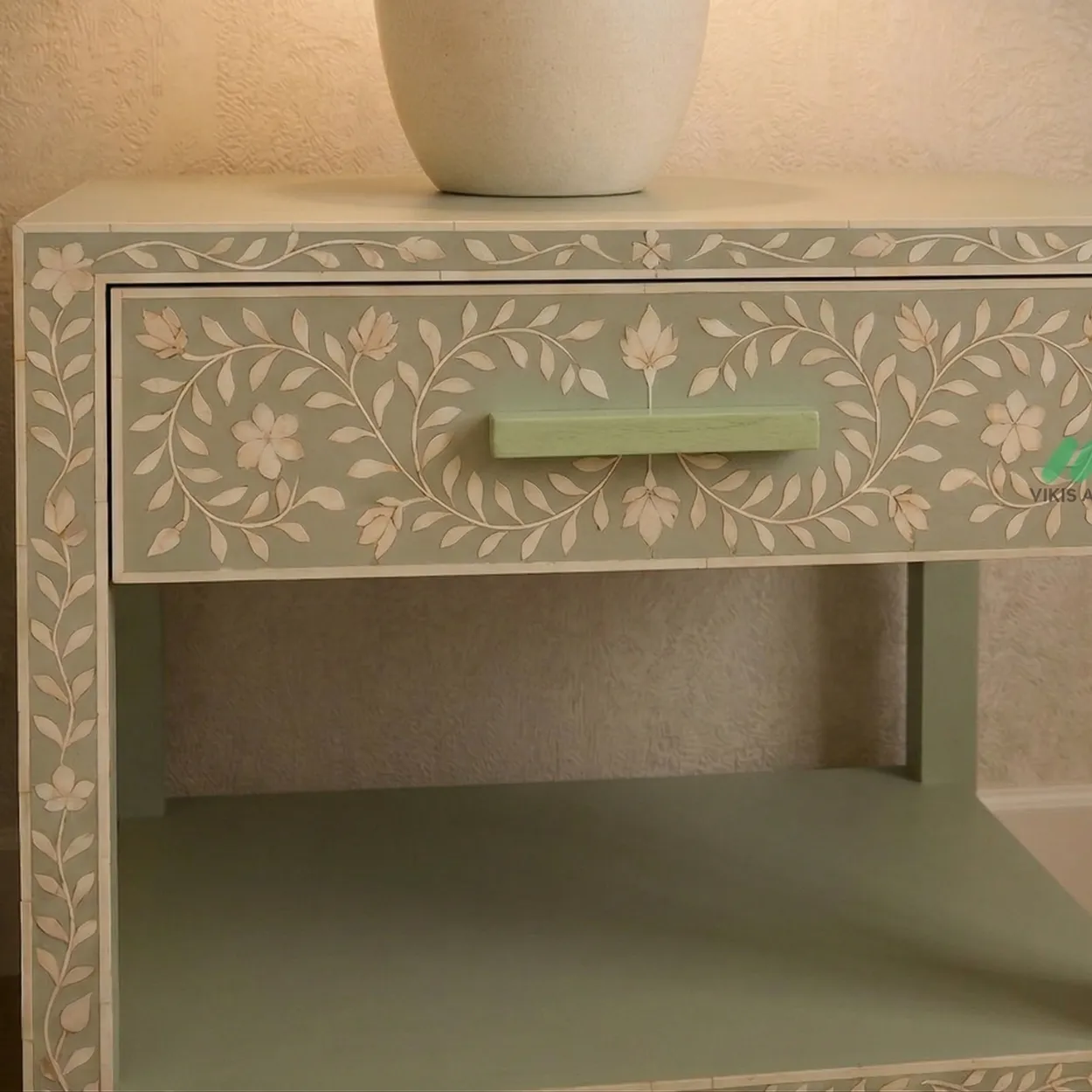 Bone inlay Light green bedside table with 1 Drawer - Image 4